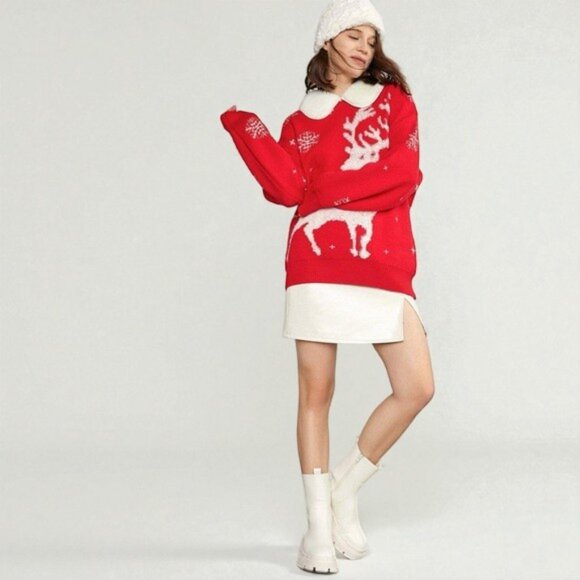 NWT J.ING Jing Red Pullover Oversize Christmas Sweater w/ White Collar One Size - Picture 4 of 9